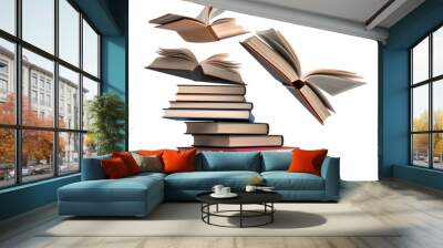 Open book with flying books white background, flying knowledge concept, realistic 3D illustration, generative ai Wall mural