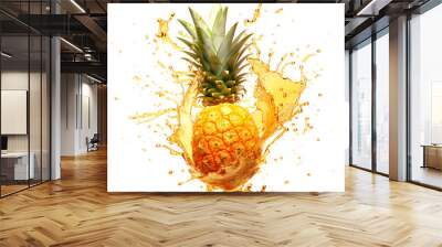 Pineapple with juice splash, isolated on the white background, summer fruits concept, realistic design illustration, generative ai Wall mural