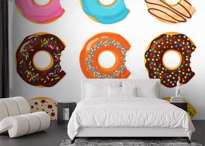 Set of colorful bitten donut on white background Wall mural