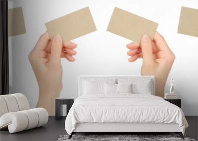 Set of Women Hands, which holding Paper Blank Business Card, isolated on transparent background Wall mural