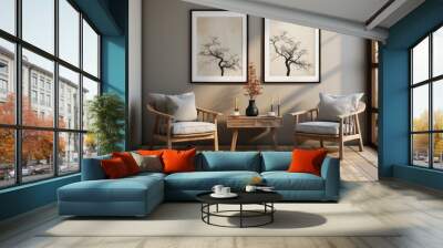 two framed pictures on the side of wooden chairs in the style of minimalistic modern architecture  Wall mural