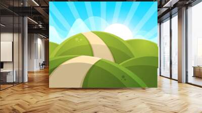 Cartoon landscape illustration. Sun. cloud hill vector EPS 10 Wall mural