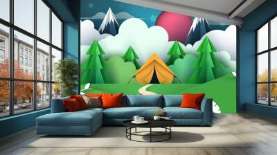 Cartoon paper illustration. Tent, cloud, mountain, star tree forest Vector eps 10 Wall mural