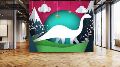 Dino, dinosaur illustration. Cartoon paper landscape Vector eps 10 Wall mural