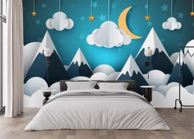 Mountain landscape paper illustration. Cloud, star, moon, sky. Wall mural