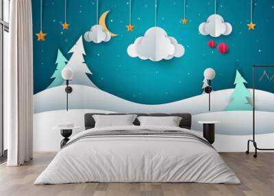 Winter landscape - paper illustration. Wall mural