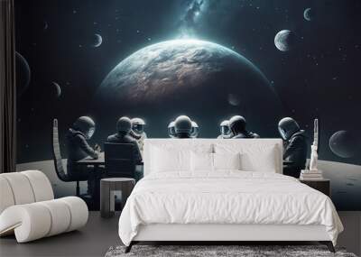 Astronauts conduction business meeting in outer space, concept art, AI Generated Wall mural