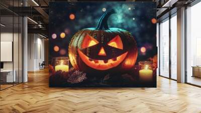 conceptual wallpaper for halloween with a pumpkin with a glowing face with a sinister look and nightly holiday atmosfere generative ai Wall mural