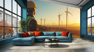 Engineer overlooking wind turbines in a field at sunset, renewable energy and sustainable power concept Wall mural