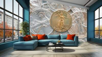 Gold Coin On Stack of Silver Coins Wall mural