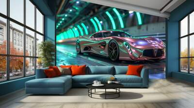 Rose gold sports car in a tunnel illuminated by green neon lights, modern design, captured in ultra-high resolution. Wall mural