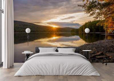 Roundout Resevoir in Catskill mountains of New York in sunset time. Colorful trees and calm lake Wall mural