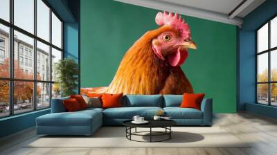 single orange colored roosting chicken on green background Wall mural