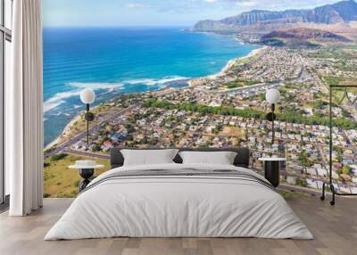 Aerial view of residental homes and the coastline along the west side of Oahu near Maili and Waianae Hawaii Wall mural