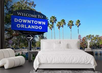 Welcome to downtown Orlando sign with palm trees in central Florida Wall mural