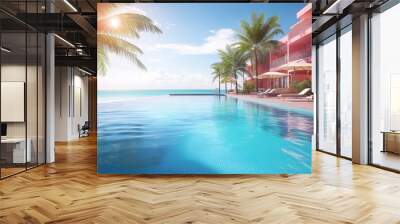 Tropical resort pool with palm trees and ocean view, serene luxury vacation spot in sunny weather Wall mural