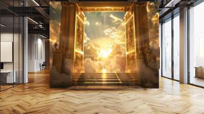 A majestic golden gate stands tall amidst fluffy white clouds, representing the ethereal doors to heaven and the promise of afterlife. Wall mural