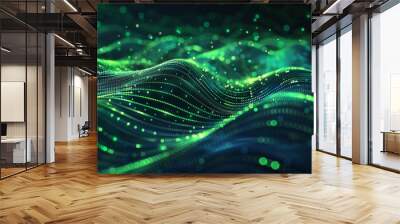 Abstract digital background with glowing green and blue waves of data particles Wall mural