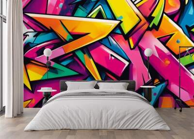 Abstract urban street art graffiti style vector illustration template background in colorful cyber metaverse theme. Wall mural