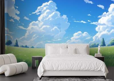 Beautiful grassy fields and summer blue sky with fluffy white clouds in the wind. Anime Background Wall mural