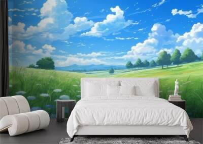 Beautiful grassy fields and summer blue sky with fluffy white clouds in the wind. Anime Digital Painting Wall mural