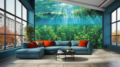 Blue carbon sinks. Natural carbon sinks capture emissions. Underwater plant role in carbon sequestration Wall mural