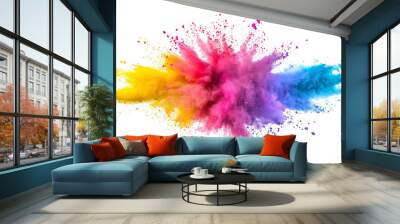 bright rainbow paint color powder festival explosion burst isolated white background. Wall mural