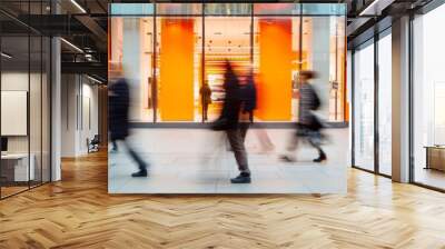 City Life in Motion. Pedestrians Walking Past Shop Windows. motion blur. Shoppers Pass by Storefront Display Wall mural