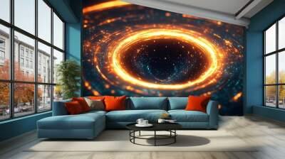 Dynamic abstract background featuring a swirling neon light ring with glittering sparks and flares in gold, blue, and yellow hues. The energetic design conveys motion and energy Wall mural