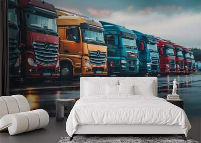 Fleet of trucks parked at parking lot yard of delivery company Wall mural