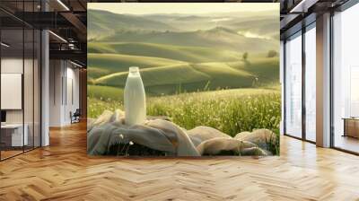 Glass bottle of fresh milk on a wooden table, Alpine hills in the background. Natural eco farm concept Wall mural