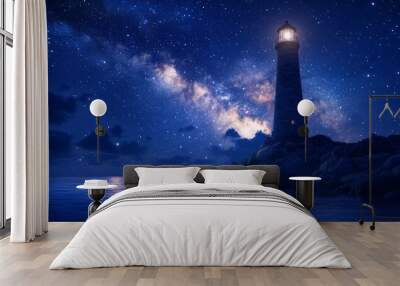 Landscape of lighthouse tower at night, on sea or ocean blue water shore coast under starry sky. Wall mural