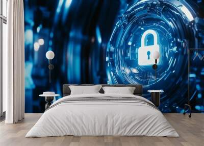 lock symbol in digital security circle, blue color on white background, tech style, futuristic Wall mural