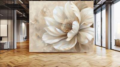 Oil painting of white flower, large white petals on beige background Wall mural