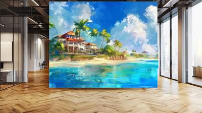 restaurant on tropical beach with sea and trees in summer holiday. Cartoon or anime watercolor digital painting illustration style.	 Wall mural