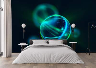 3d atom icon. luminous nuclear model on dark background. glowing bots structure. physics electrons c Wall mural