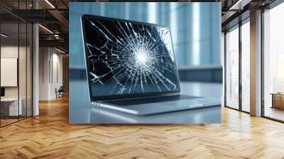 A broken laptop screen with spiderweb crack, symbolizing damage and frustration.  Wall mural