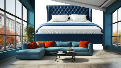 A luxurious blue velvet bed with a tufted headboard and crisp white linens stands elegantly, promising a peaceful and comfortable night's sleep.  Wall mural