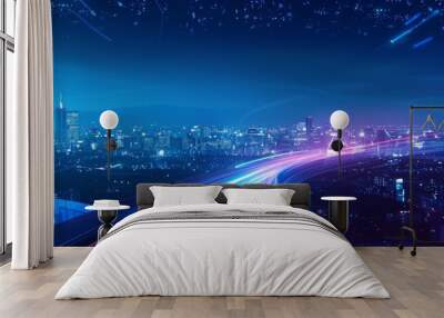 A mesmerizing panorama of a futuristic city illuminated by vibrant neon lights, showcasing a dazzling display of urban innovation and technological advancement. Wall mural