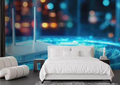 A modern white Wi Fi router with two antennas is displayed on glowing digital surface, symbolizing connectivity and technology.  Wall mural