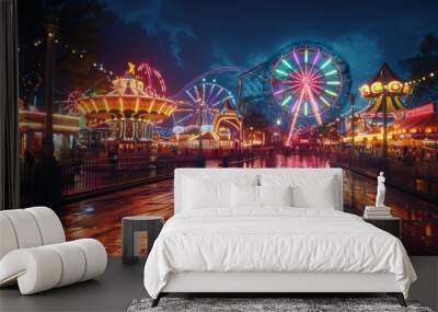 Amusement park shining bright after rain at night Wall mural