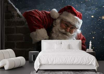 Jolly Santa Claus peeking from snowy chimney, spreading festive cheer and joy.  Wall mural