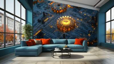 stunning 3D rendering of golden gears on circuit board, showcasing intricate details and glowing elements that evoke sense of innovation and technology Wall mural