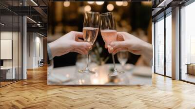 Two people clink glasses of pink champagne in celebratory toast at elegant dinner setting, creating warm and festive atmosphere Wall mural