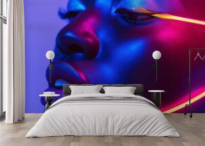 Beautiful black woman with neon lights Wall mural