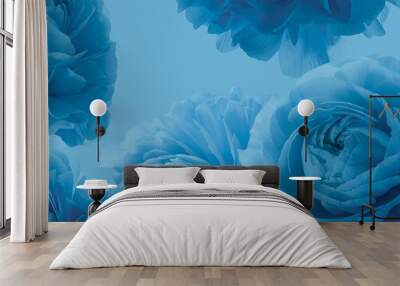 Blue flowers buds on blue background. Floral pattern. Wall mural