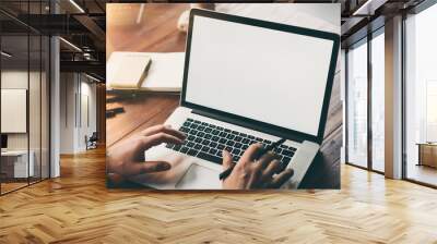 Close up of male hands and laptop with blank screen. Mock-up of computer monitor. Copyspace ready for design or text Wall mural