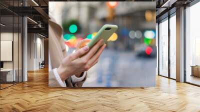 Closeup photo of female hands with smartphone. Night street on background Wall mural