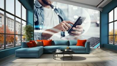 Man working remotely at home. Concept of networking or remote work. Global business network. Online courses. Wall mural