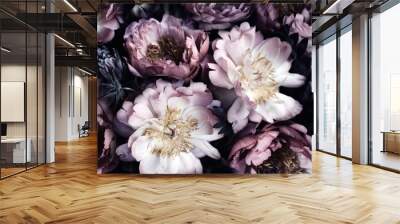 Vintage bouquet of beautiful peonies on black. Floral background. Baroque old fashiones style. Natural flowers pattern wallpaper or greeting card Wall mural